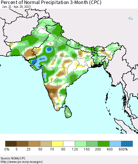 Southern Asia Percent of Normal Precipitation 3-Month (CPC) Thematic Map For 1/21/2023 - 4/20/2023