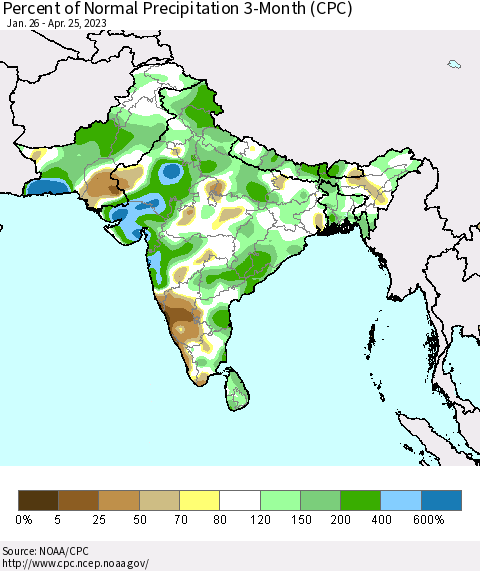 Southern Asia Percent of Normal Precipitation 3-Month (CPC) Thematic Map For 1/26/2023 - 4/25/2023