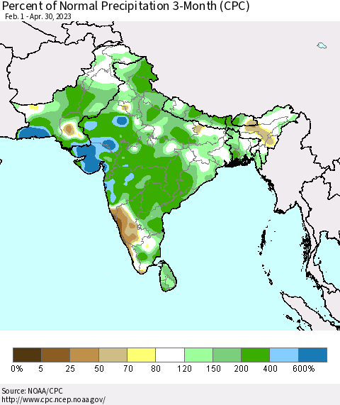 Southern Asia Percent of Normal Precipitation 3-Month (CPC) Thematic Map For 2/1/2023 - 4/30/2023