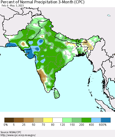 Southern Asia Percent of Normal Precipitation 3-Month (CPC) Thematic Map For 2/6/2023 - 5/5/2023