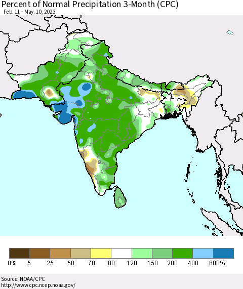 Southern Asia Percent of Normal Precipitation 3-Month (CPC) Thematic Map For 2/11/2023 - 5/10/2023