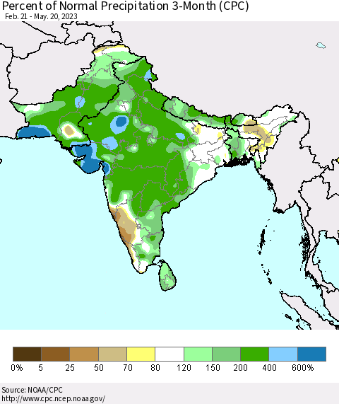 Southern Asia Percent of Normal Precipitation 3-Month (CPC) Thematic Map For 2/21/2023 - 5/20/2023