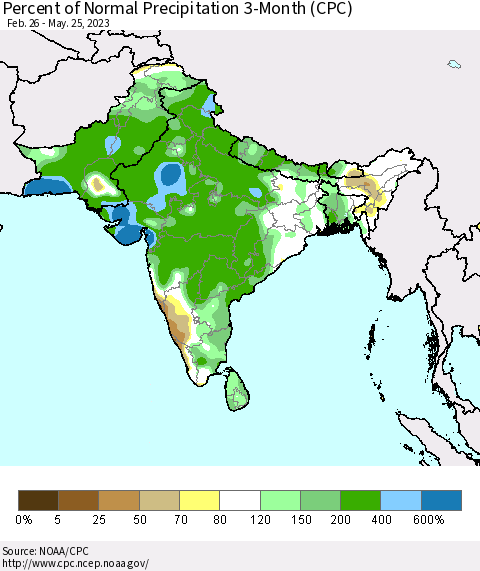 Southern Asia Percent of Normal Precipitation 3-Month (CPC) Thematic Map For 2/26/2023 - 5/25/2023