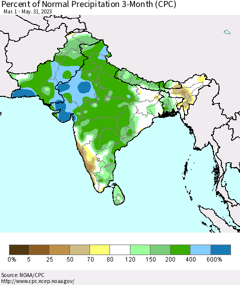 Southern Asia Percent of Normal Precipitation 3-Month (CPC) Thematic Map For 3/1/2023 - 5/31/2023