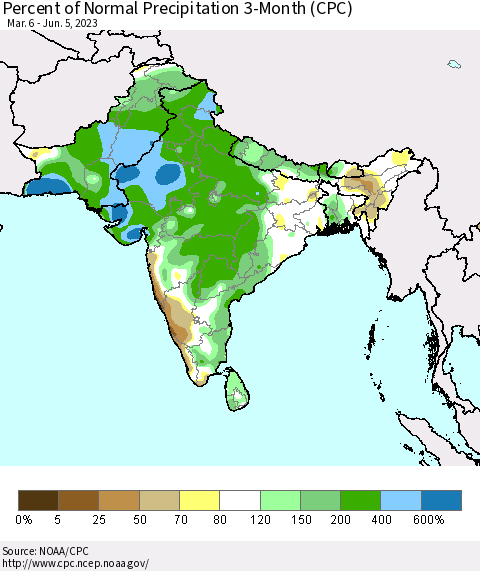 Southern Asia Percent of Normal Precipitation 3-Month (CPC) Thematic Map For 3/6/2023 - 6/5/2023