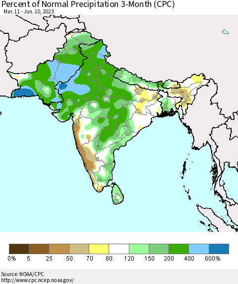Southern Asia Percent of Normal Precipitation 3-Month (CPC) Thematic Map For 3/11/2023 - 6/10/2023