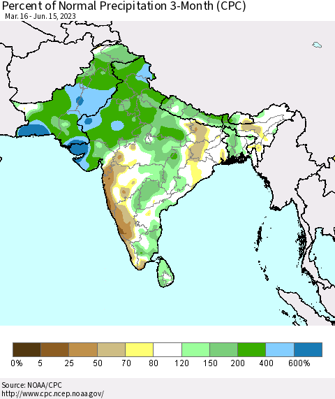 Southern Asia Percent of Normal Precipitation 3-Month (CPC) Thematic Map For 3/16/2023 - 6/15/2023
