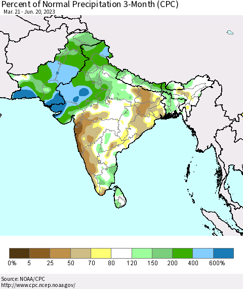 Southern Asia Percent of Normal Precipitation 3-Month (CPC) Thematic Map For 3/21/2023 - 6/20/2023