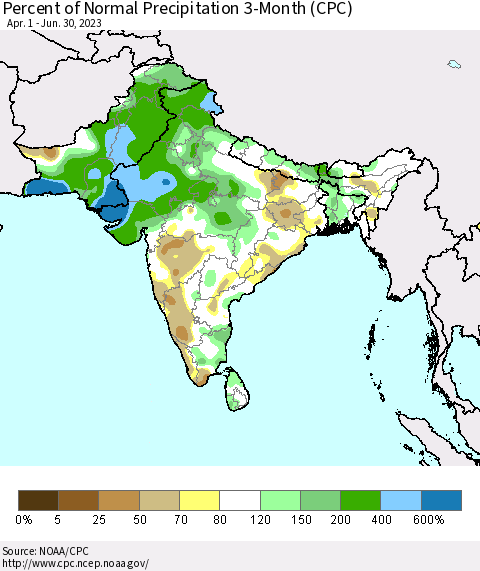 Southern Asia Percent of Normal Precipitation 3-Month (CPC) Thematic Map For 4/1/2023 - 6/30/2023