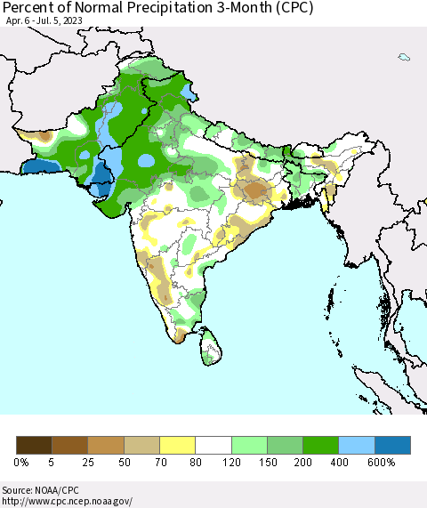 Southern Asia Percent of Normal Precipitation 3-Month (CPC) Thematic Map For 4/6/2023 - 7/5/2023