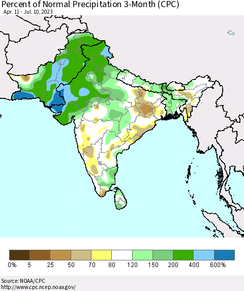 Southern Asia Percent of Normal Precipitation 3-Month (CPC) Thematic Map For 4/11/2023 - 7/10/2023