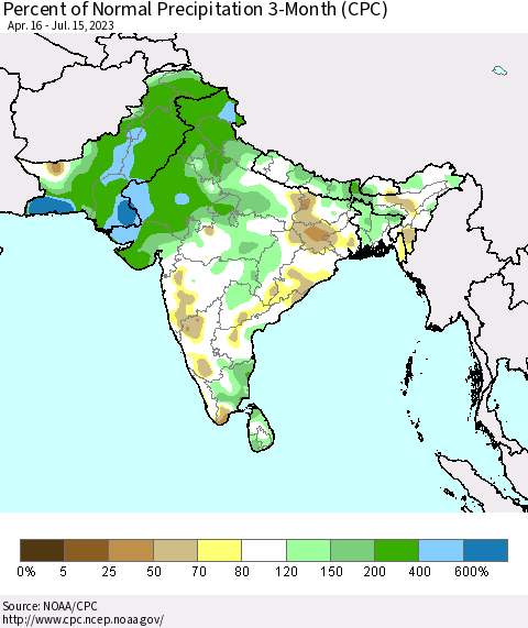Southern Asia Percent of Normal Precipitation 3-Month (CPC) Thematic Map For 4/16/2023 - 7/15/2023