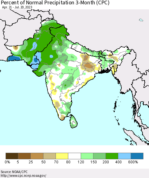 Southern Asia Percent of Normal Precipitation 3-Month (CPC) Thematic Map For 4/21/2023 - 7/20/2023