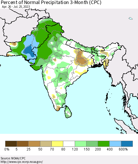 Southern Asia Percent of Normal Precipitation 3-Month (CPC) Thematic Map For 4/26/2023 - 7/25/2023