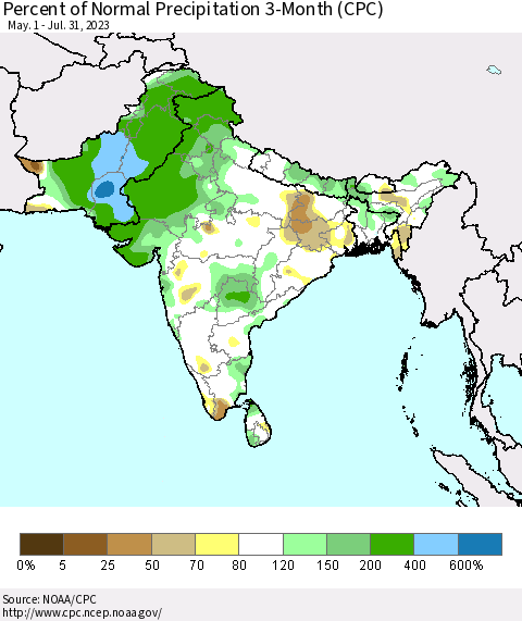 Southern Asia Percent of Normal Precipitation 3-Month (CPC) Thematic Map For 5/1/2023 - 7/31/2023