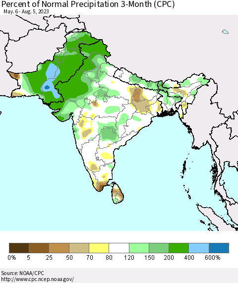 Southern Asia Percent of Normal Precipitation 3-Month (CPC) Thematic Map For 5/6/2023 - 8/5/2023