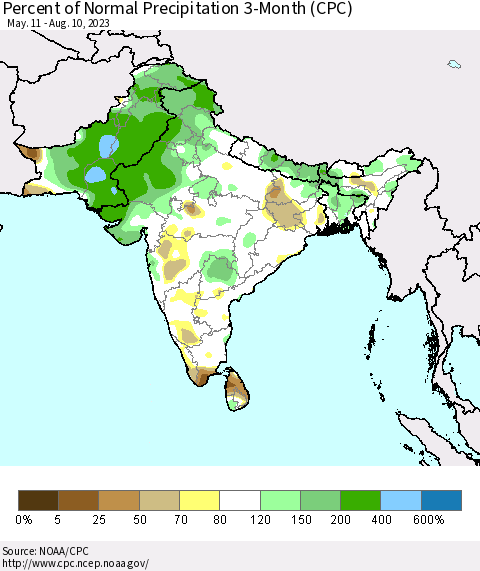 Southern Asia Percent of Normal Precipitation 3-Month (CPC) Thematic Map For 5/11/2023 - 8/10/2023