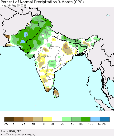 Southern Asia Percent of Normal Precipitation 3-Month (CPC) Thematic Map For 5/16/2023 - 8/15/2023