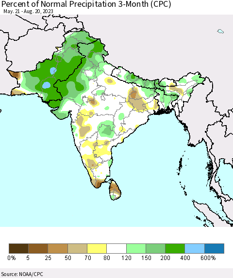 Southern Asia Percent of Normal Precipitation 3-Month (CPC) Thematic Map For 5/21/2023 - 8/20/2023