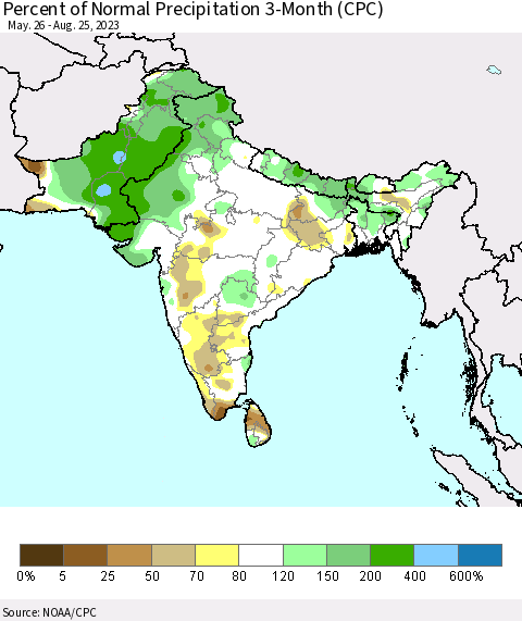 Southern Asia Percent of Normal Precipitation 3-Month (CPC) Thematic Map For 5/26/2023 - 8/25/2023