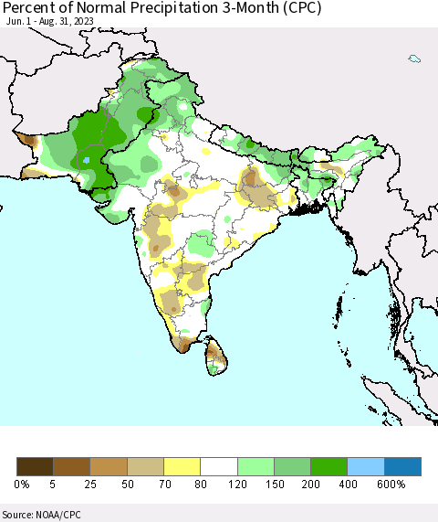 Southern Asia Percent of Normal Precipitation 3-Month (CPC) Thematic Map For 6/1/2023 - 8/31/2023