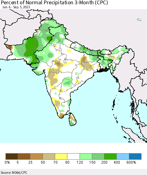 Southern Asia Percent of Normal Precipitation 3-Month (CPC) Thematic Map For 6/6/2023 - 9/5/2023