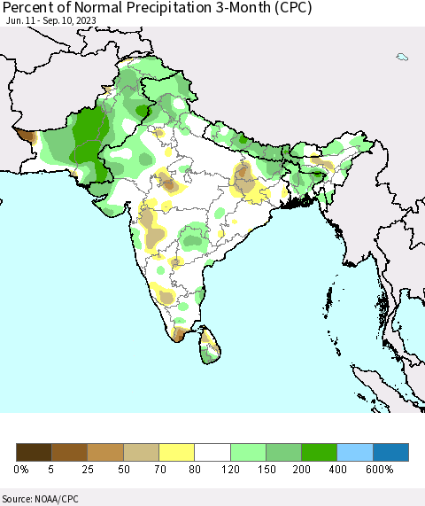 Southern Asia Percent of Normal Precipitation 3-Month (CPC) Thematic Map For 6/11/2023 - 9/10/2023