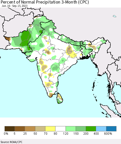 Southern Asia Percent of Normal Precipitation 3-Month (CPC) Thematic Map For 6/16/2023 - 9/15/2023
