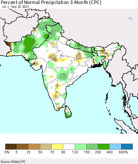 Southern Asia Percent of Normal Precipitation 3-Month (CPC) Thematic Map For 7/1/2023 - 9/30/2023