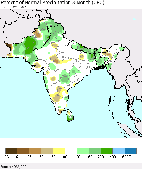 Southern Asia Percent of Normal Precipitation 3-Month (CPC) Thematic Map For 7/6/2023 - 10/5/2023