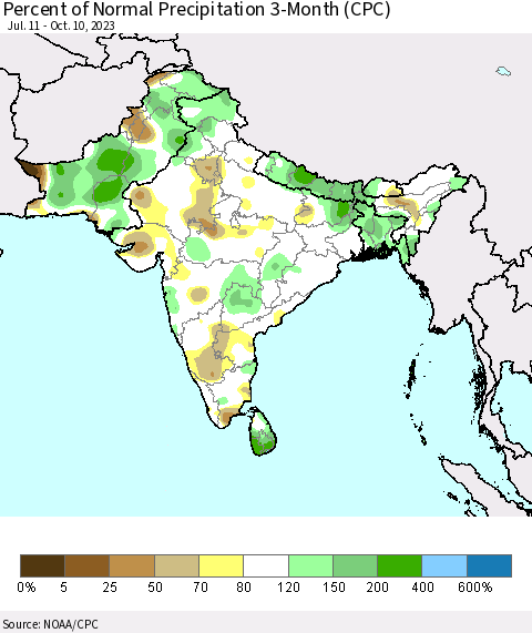 Southern Asia Percent of Normal Precipitation 3-Month (CPC) Thematic Map For 7/11/2023 - 10/10/2023