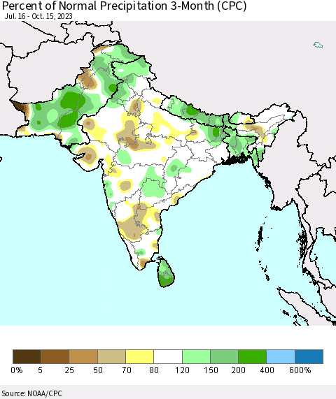 Southern Asia Percent of Normal Precipitation 3-Month (CPC) Thematic Map For 7/16/2023 - 10/15/2023