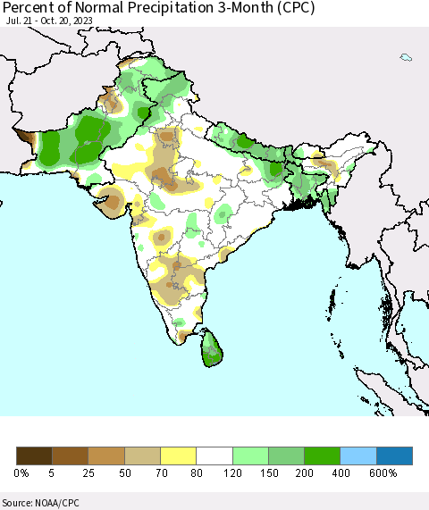 Southern Asia Percent of Normal Precipitation 3-Month (CPC) Thematic Map For 7/21/2023 - 10/20/2023