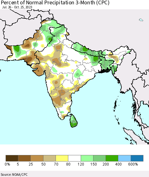 Southern Asia Percent of Normal Precipitation 3-Month (CPC) Thematic Map For 7/26/2023 - 10/25/2023
