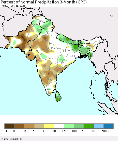 Southern Asia Percent of Normal Precipitation 3-Month (CPC) Thematic Map For 8/1/2023 - 10/31/2023