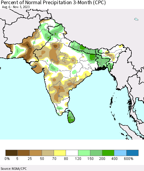 Southern Asia Percent of Normal Precipitation 3-Month (CPC) Thematic Map For 8/6/2023 - 11/5/2023