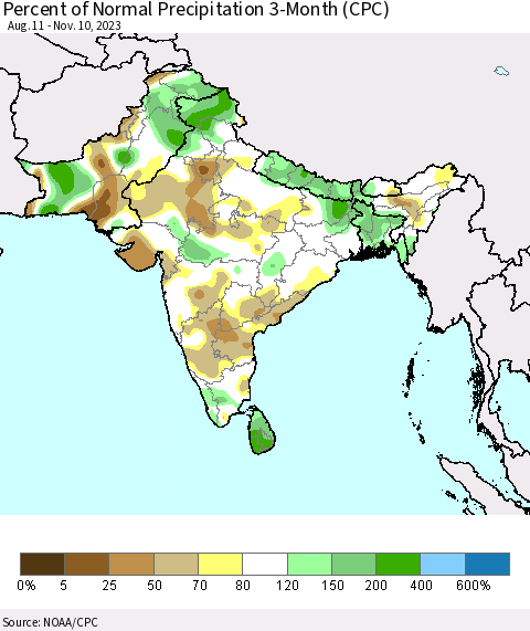 Southern Asia Percent of Normal Precipitation 3-Month (CPC) Thematic Map For 8/11/2023 - 11/10/2023