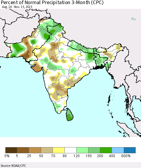 Southern Asia Percent of Normal Precipitation 3-Month (CPC) Thematic Map For 8/16/2023 - 11/15/2023