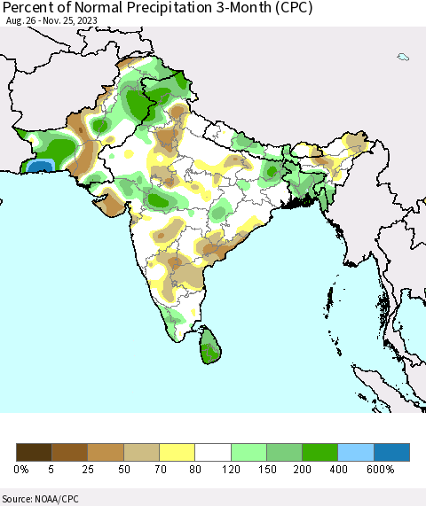 Southern Asia Percent of Normal Precipitation 3-Month (CPC) Thematic Map For 8/26/2023 - 11/25/2023