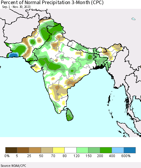 Southern Asia Percent of Normal Precipitation 3-Month (CPC) Thematic Map For 9/1/2023 - 11/30/2023