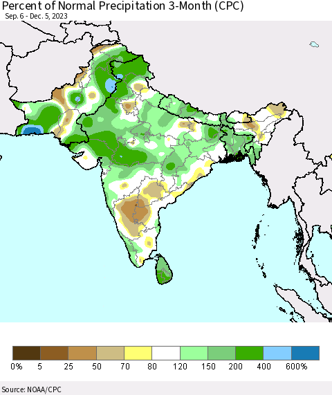 Southern Asia Percent of Normal Precipitation 3-Month (CPC) Thematic Map For 9/6/2023 - 12/5/2023