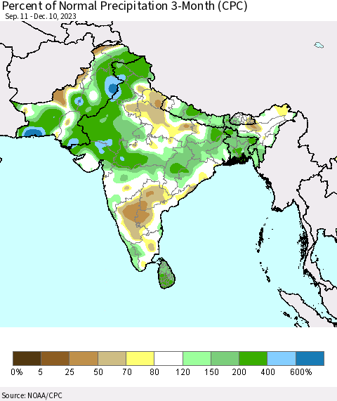 Southern Asia Percent of Normal Precipitation 3-Month (CPC) Thematic Map For 9/11/2023 - 12/10/2023