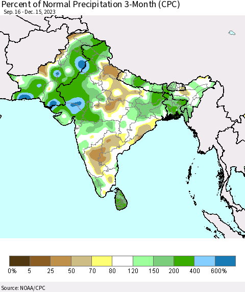 Southern Asia Percent of Normal Precipitation 3-Month (CPC) Thematic Map For 9/16/2023 - 12/15/2023
