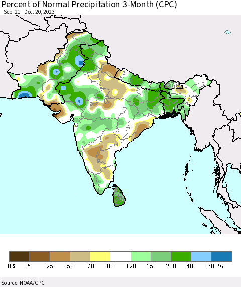 Southern Asia Percent of Normal Precipitation 3-Month (CPC) Thematic Map For 9/21/2023 - 12/20/2023