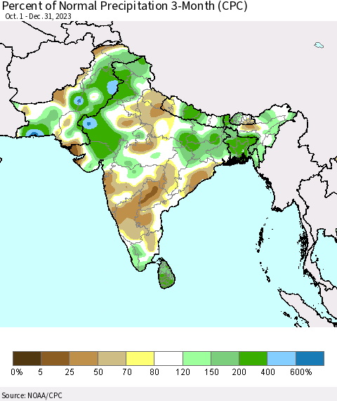 Southern Asia Percent of Normal Precipitation 3-Month (CPC) Thematic Map For 10/1/2023 - 12/31/2023