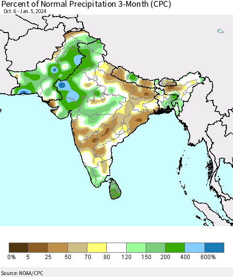 Southern Asia Percent of Normal Precipitation 3-Month (CPC) Thematic Map For 10/6/2023 - 1/5/2024