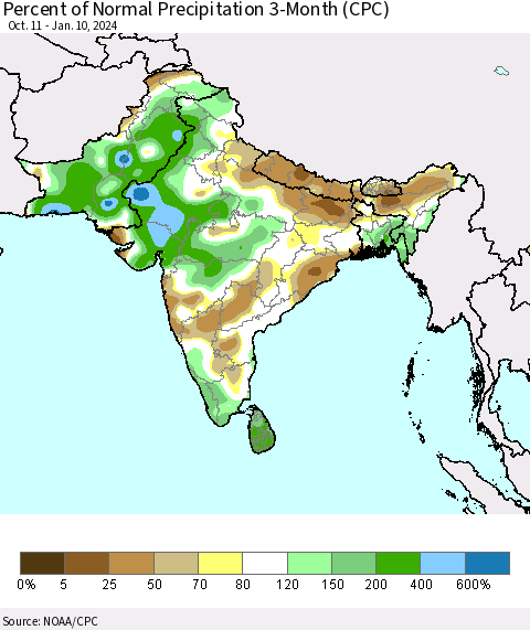Southern Asia Percent of Normal Precipitation 3-Month (CPC) Thematic Map For 10/11/2023 - 1/10/2024