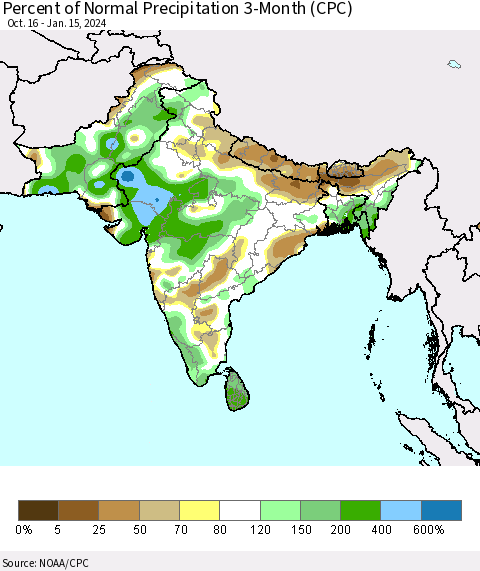 Southern Asia Percent of Normal Precipitation 3-Month (CPC) Thematic Map For 10/16/2023 - 1/15/2024