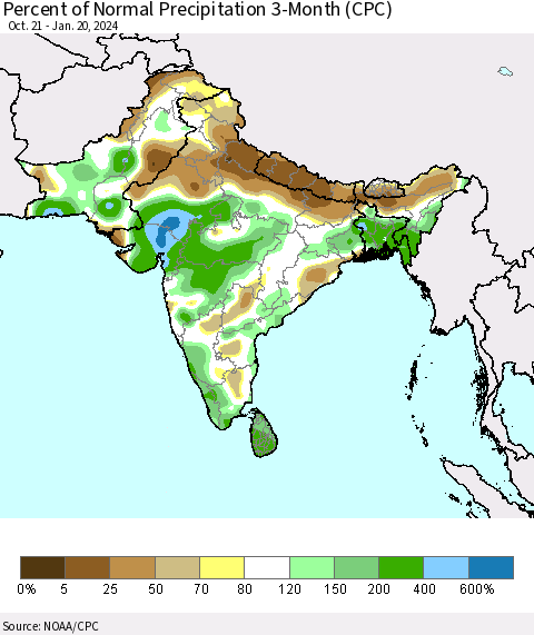 Southern Asia Percent of Normal Precipitation 3-Month (CPC) Thematic Map For 10/21/2023 - 1/20/2024