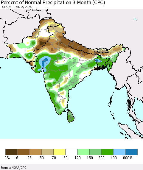 Southern Asia Percent of Normal Precipitation 3-Month (CPC) Thematic Map For 10/26/2023 - 1/25/2024